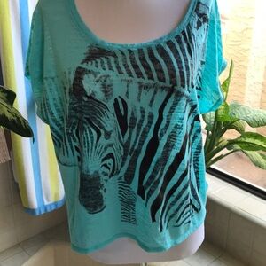 Zebra pattern teal and black scoop neck crop top